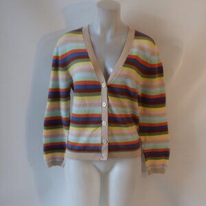Womens 27 Miles Beige, Multi Striped Ribbed Cardigan Sweater M